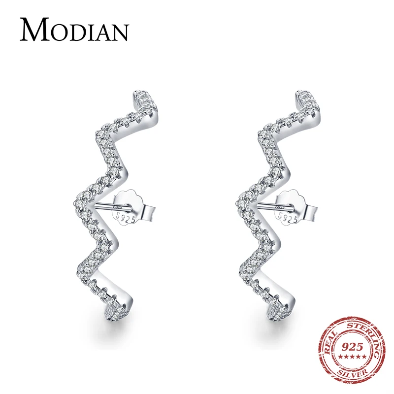 

MODIAN Geometric 925 Sterling Silver Wave Ear Studs With Clear CZ For Women & Girls Fashion Earrings Bohemian Fine Jewelry