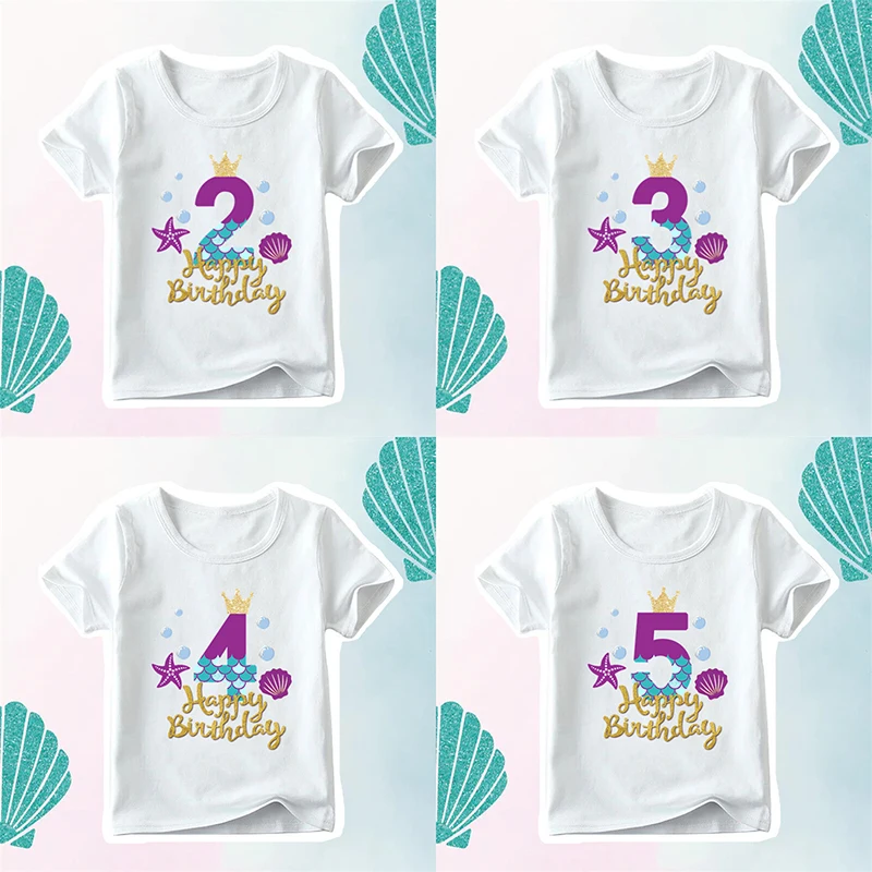 Cute Mermaid Princess Happy Birthday Girls T shirt 1 2 3 4 5 6 7 8 9 Years Kids Clothes Party Children T-shirt Baby Tops,HKP2614