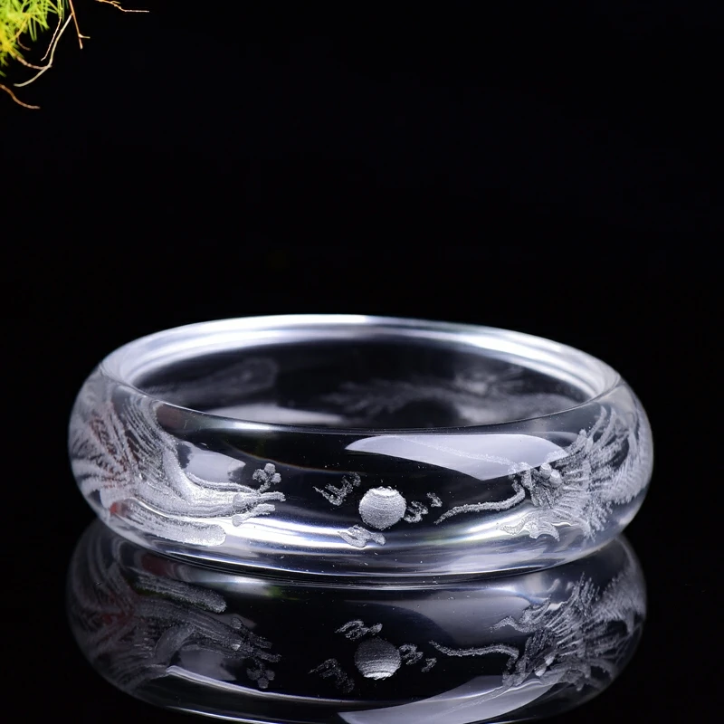 Natural White Quartz Crystal Carved Dragon Phoenix Women Bangle 54mm 55mm 56mm 57mm 58mm  62mm 63mm Bangle AAAAA