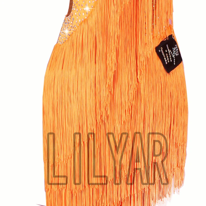 Latin Dance Competition Performance Glittering Rhinestone Adult Customized Orange Tassel Dance Skirt