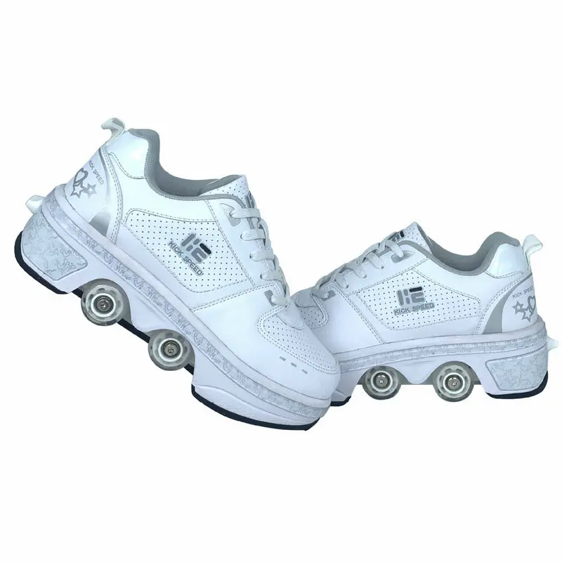 New dual-purpose roller skates deformation shoes double row runaway roller skates improved white low top four wheel runaway shoe