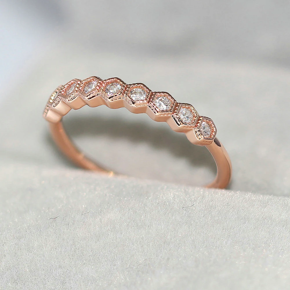 ZHOUYANG Dainty Ring For Women Girls Simple Geometric Hexagone Zircon Rose Gold Color Daily Gift Fashion Jewelry R919