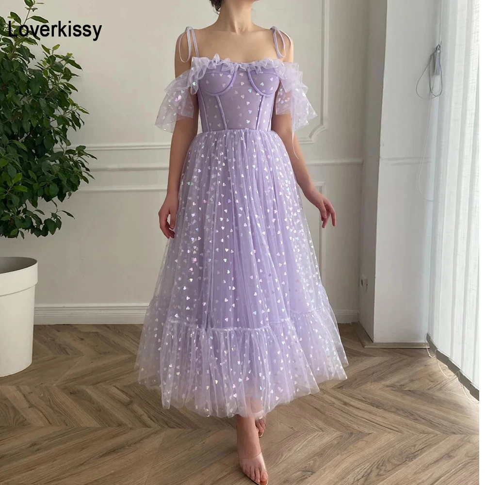 Gaun Prom Loverkissy Lavender Sweetheart Tulle Gaun Pesta Malam Formal Bahu Terbuka Tali Spaghetti Pendek Gaun Manis 16