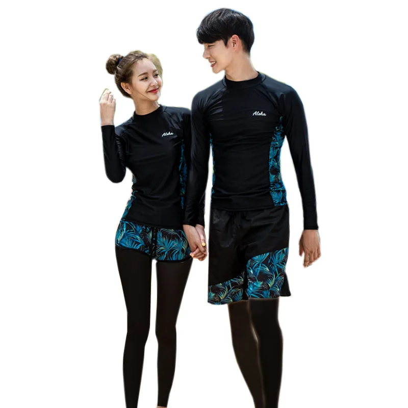 WackDaria Women Swimsuit Rash Guard Long Sleeve Long Pant Couple Bathing Suit Leaf Printed 4 Pieces Surfing Wear Swimwear