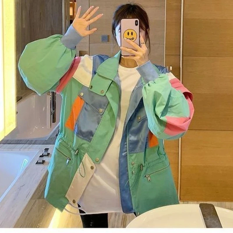 Women The Long-sleeved Stitching Design Bomber Jacket Outerwear Ladies Safari Style Sky Blue Overcoat