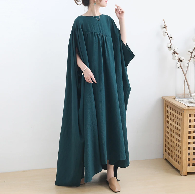 

Female new spring and summer plus size literary batwing sleeve cotton O-neck solid color casual loose robe
