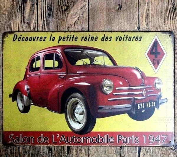 Retro wall decoration home decoration     Metal Tin Sign Renault 4cv Salon De Automobile Pub Home Vintage Retro Poster Cafe