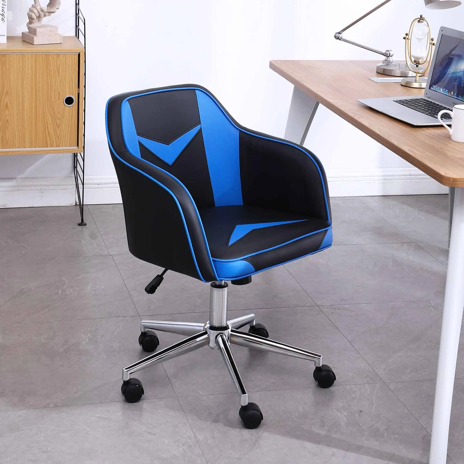 Gaming Computer Chair Mid-Back Adjustable Swivel Home Office Chair with Massage Lumbar Pillow Blue&Black[US-W]