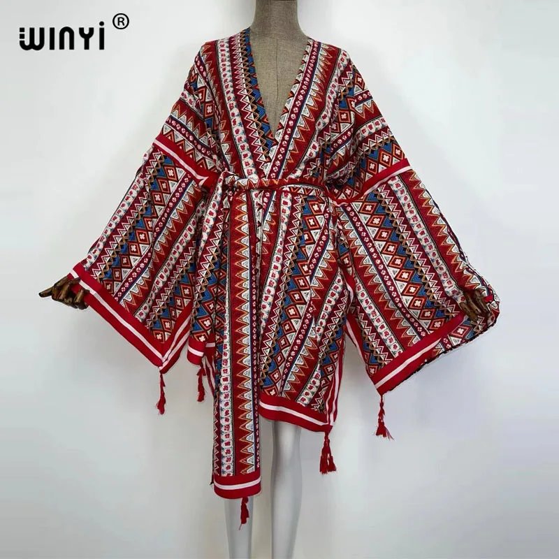 WINYI 2021 ameryka wiosna kobiety Cardigan stitch szata koktajl sexy Boho Maxi afryki wakacje rękaw w kształcie skrzydła nietoperza jedwabny szlafrok