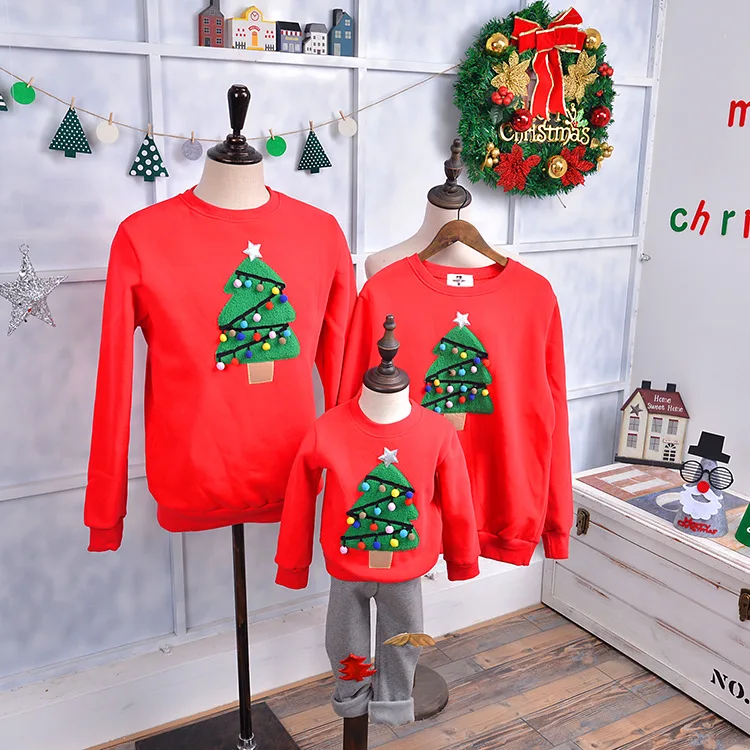 Mommy and Me Christmas Family Matching Clothes New Year Women Kids Homewear Hoodie Sweaters Xmas Tree Embroidery Good Quality