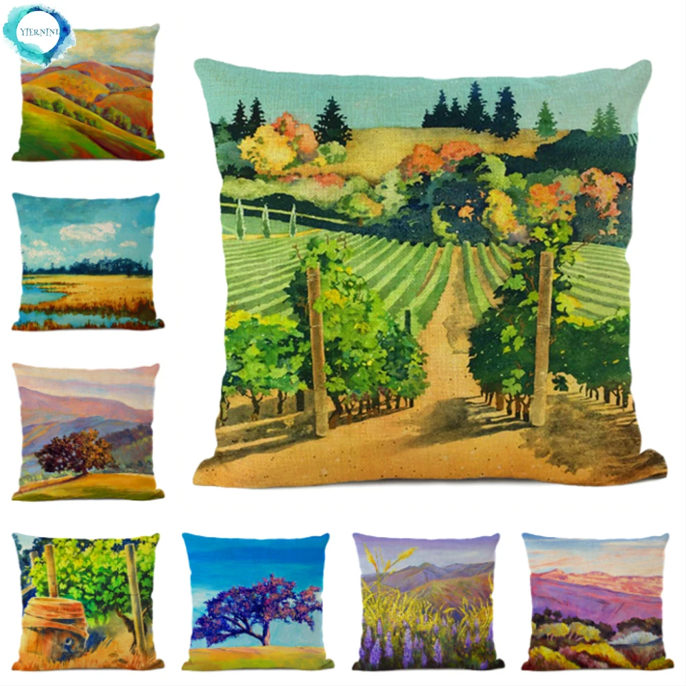 

Art Decor Oil Painting Landscape Throw Pillow Cover Cotton Linen Trees and Flowers Pastoral Home Decoration Pillow Case 45x45CM