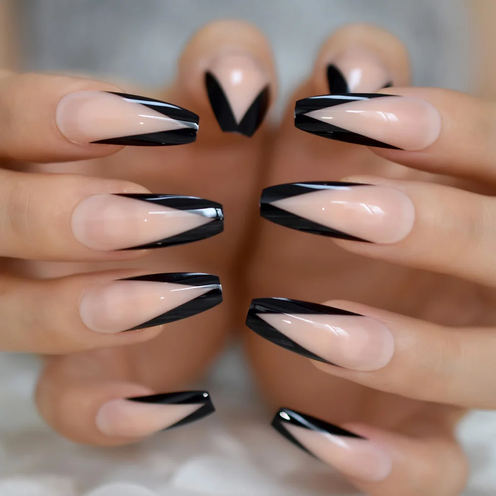 Long Fake Nails With Glue Nude Color Black Border Coffin Shape Artificial Nail Tips With Adhesive Tabs