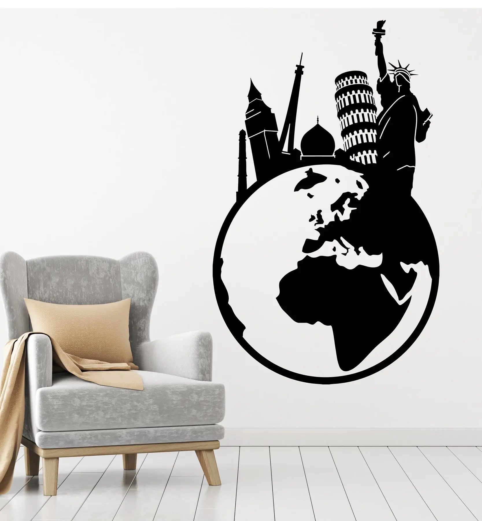 

Map Vinyl Wall Decal Travel World Map Eiffel Tower Statue of Liberty Big Ben Sticker Mural Home Living Room Fashion Decoration 1