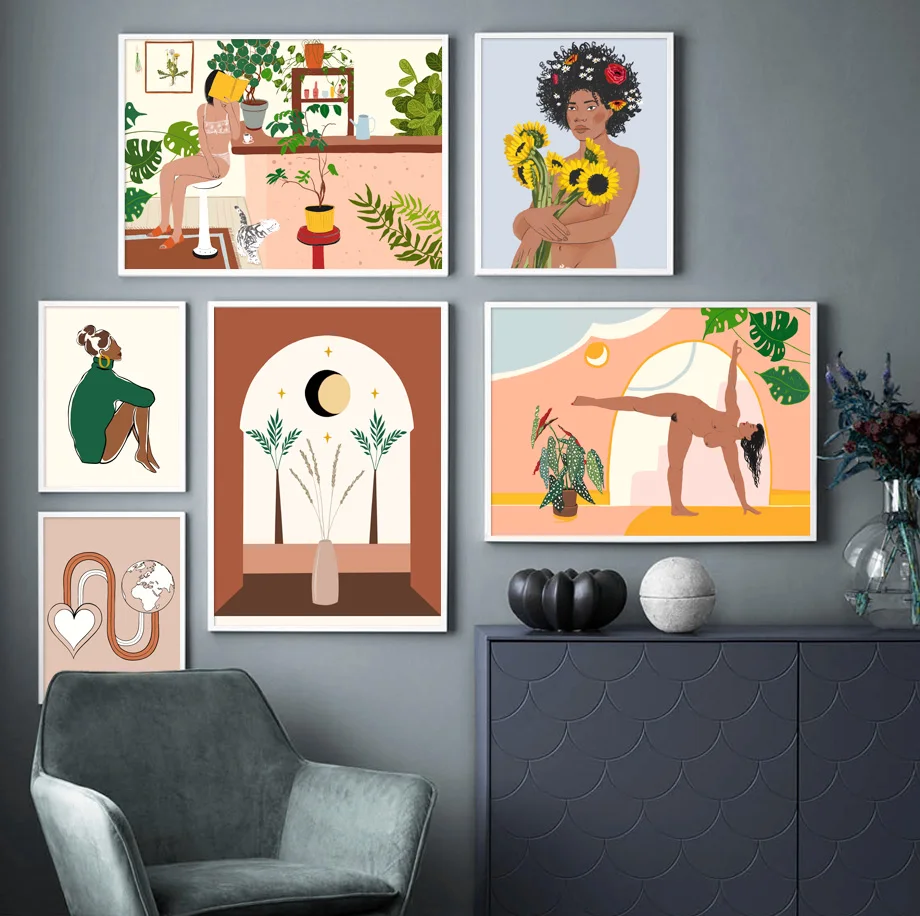 Mode Sexy Meisje Bloem Planten Illustratie Muur Canvas Schilderij Nordic Posters & Prints Muur Foto Voor Woonkamer Decor