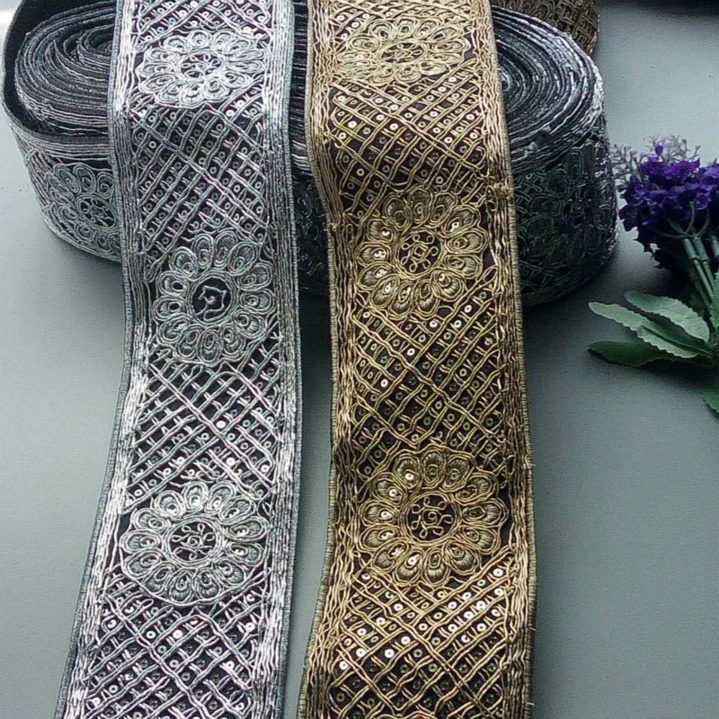 1 Yards Ethnic 80mm Gold Thread Mesh Sequins Webbing Ribbon Tape Shoes Dress Decorative Embroidered Lace Trims DIY Sewing