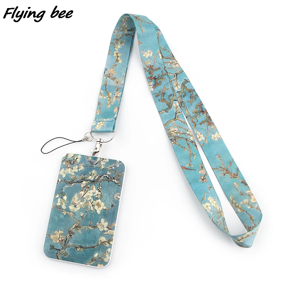 Flyingbee Painting Art Cat Lanyard Card ID Holder Car KeyChain ID Card Pass Gym Phone Badge Kids Key Ring Holder Jewelry X1442