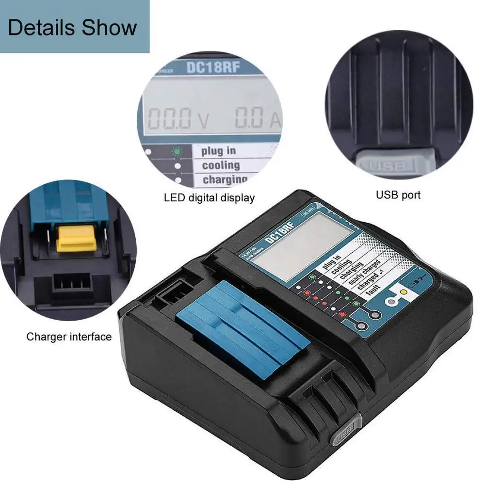 DC18RF Li-ion Battery Charger 3A Charging Current for Makita 14.4V 18V BL1830 Bl1430 DC18RC DC18RA Power tool with USB