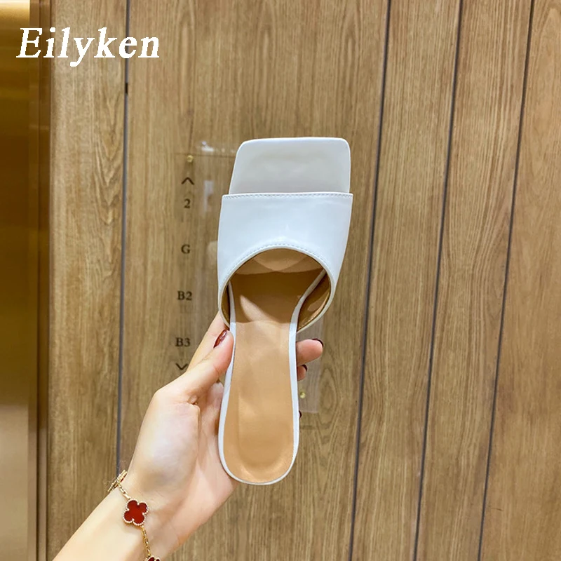 Eilyken Summer Cozy Soft PU Leather Square Toe Women Slippers High Heels Mules Outdoor Party Dress Ladies Fashion Shoes