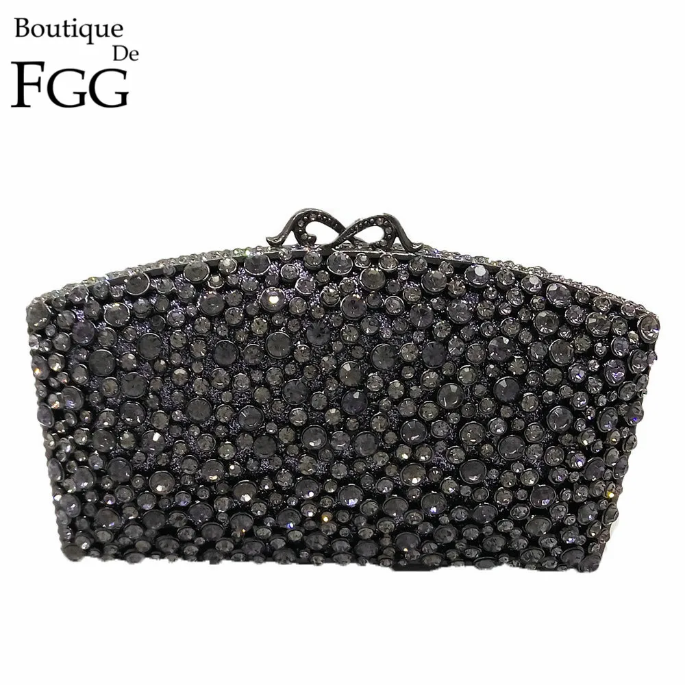 Boutique De FGG Black Jet Crystal Rhinestones Women Evening Purse Metal Minaudiere Handbag Wedding Clutch Bridal Party Hand Bag