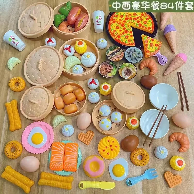 84Pcs Cutting Breakfast Food Pretend Play kids Kitchen game Toys Miniature Safety Food Sets Educational Classic Toy for Children