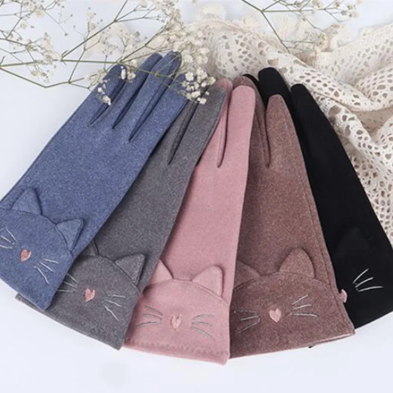 Female Autumn Cute Rabbit Cat Embroidery Gloves Cashmere Elastic  Driving Gloves Women Rabbit Fur Thin Cycling Warm Gloves D50