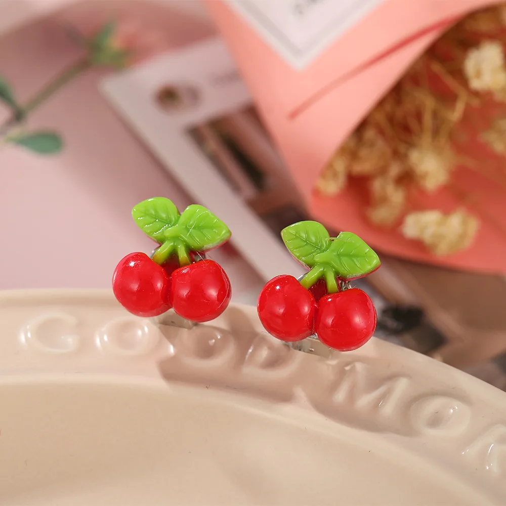 Children Baby Girl Jewelry Kids Cute Animal Fruit Cherry Resin Ear Clip On Pierced Party Gift Cartoon Flower Earrings