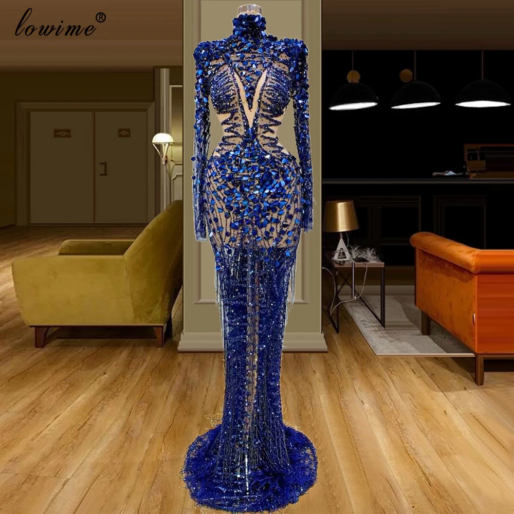 Special Transparent Royal Blue Celebrity Dress Glitter Sequins Evening Dress Long Arabic Abendkleider Dubai Prom Gowns Party