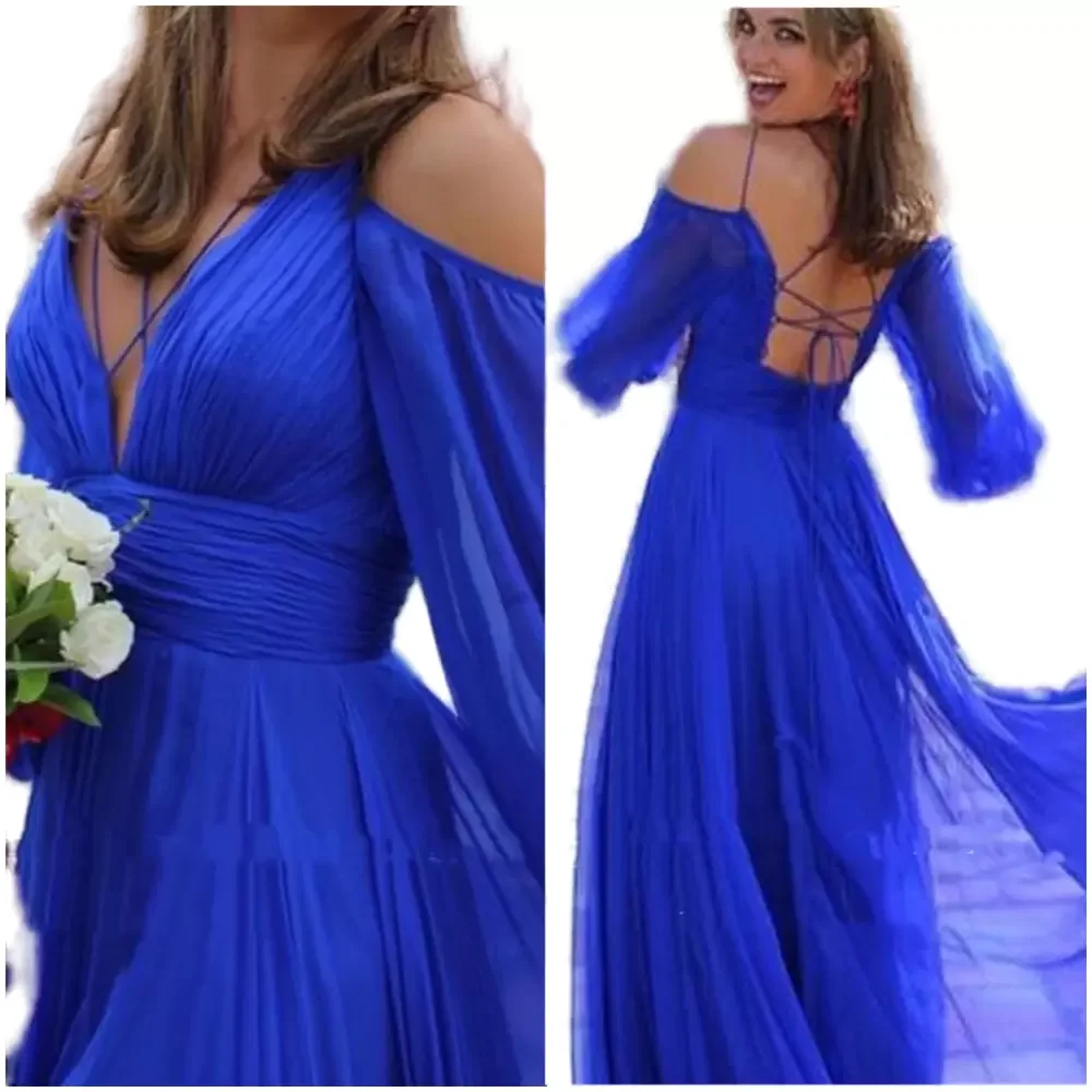 Royal Blue Line suknie balowe 2022 z długim rękawem długie rękawy Criss Straps formalne suknie wieczorowe Vestidos De Fiesta