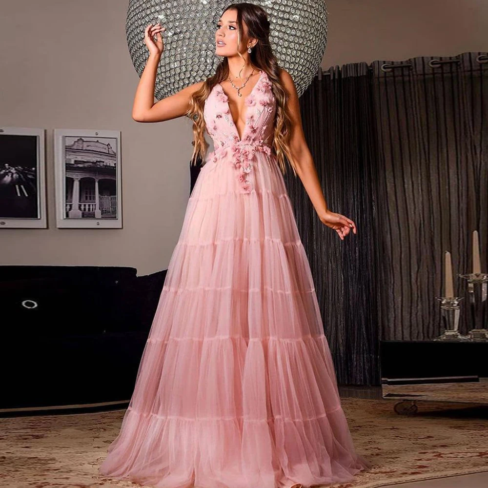 

Angelsbridep Sexy V-neck Tulle Evening Dresses 2021 For Party Tassels 3D Flowers Long Prom Dressing Gowns Vestidos De Fiesta