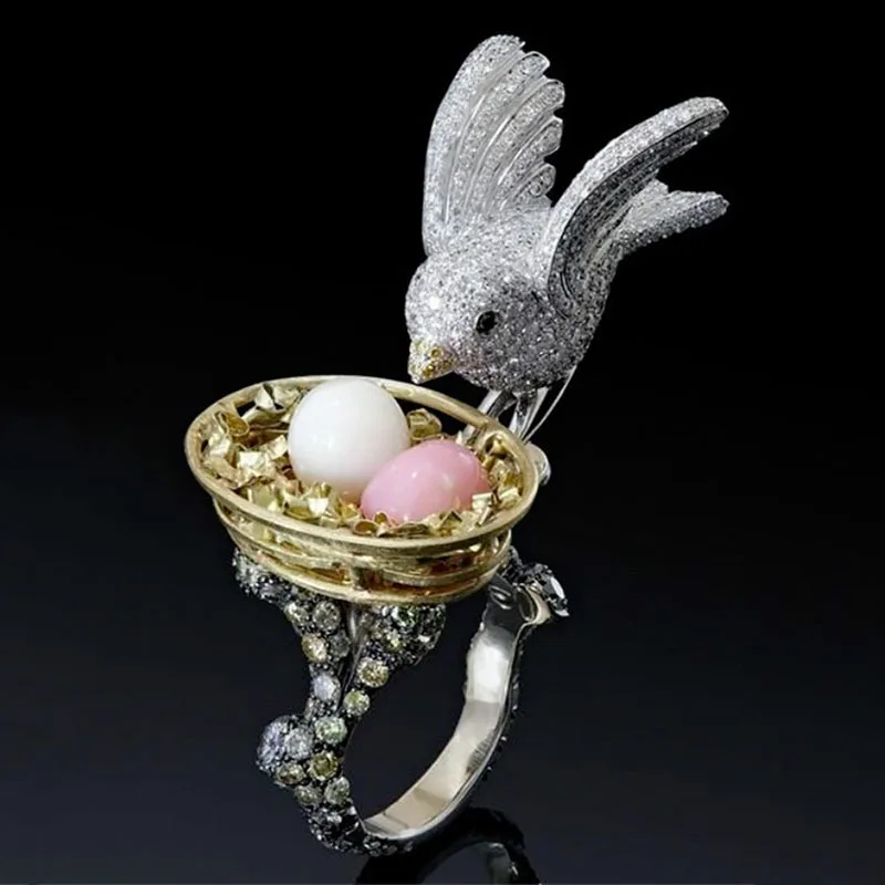 Creative Nest Bird Egg Shaped Finger Ring Full Micro Paved White Rhinestone Zircon for Women Female Party Wedding Jewelry