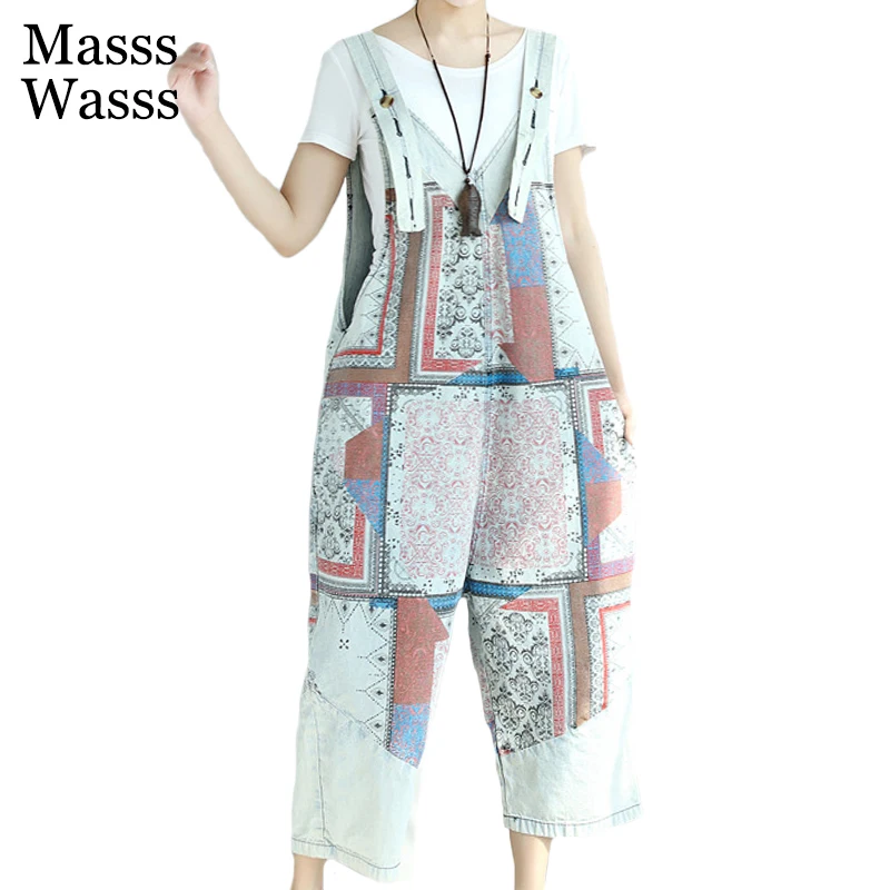 Masss Wasss Korean Designer Summer Ladies Printed Casual Overalls Womens Vintage Loose Denim Trouser Female Pantalons Plus Size