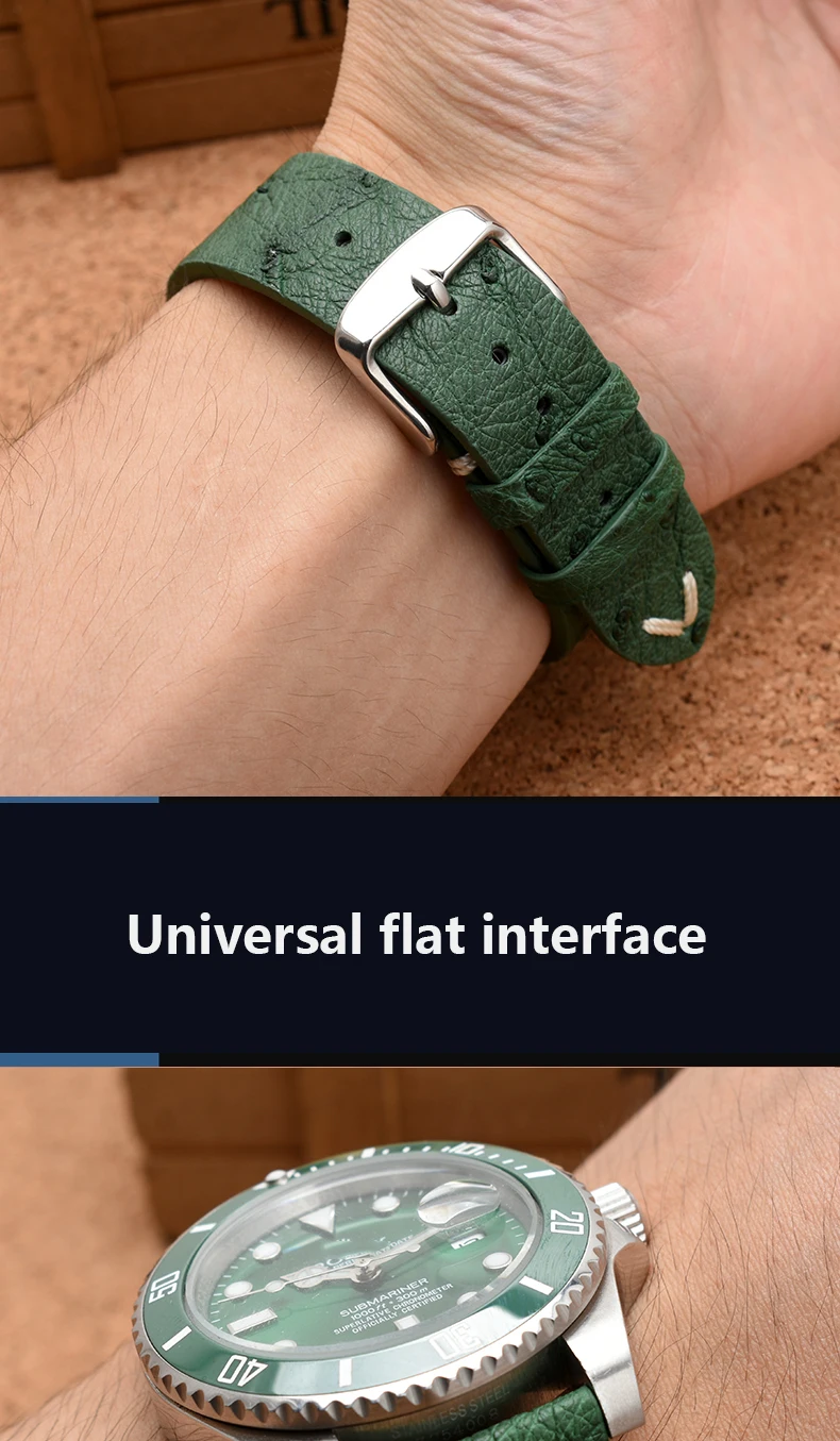 Ultra-thin soft handmade ostrich leather black and green watch strap for water ghost 18 20 22m watch straps