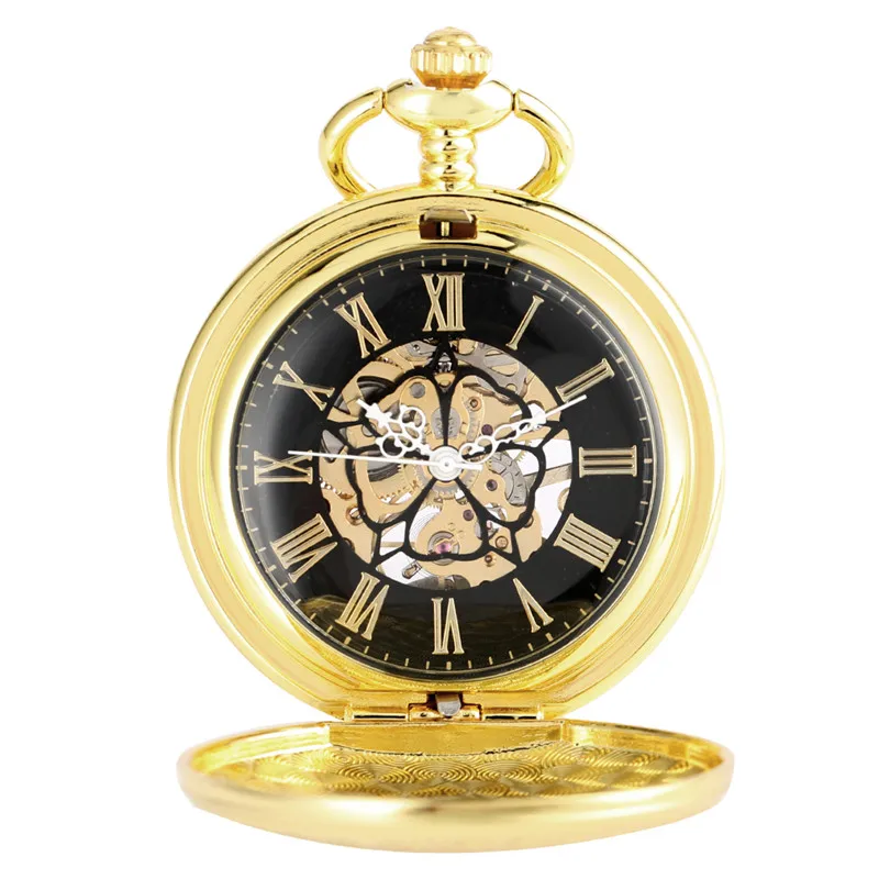 Antique Yellow Gold Shield Design Clock Skeleton Dial Mechanical Hand Winding Pocket Watch for Men Women Gift FOB Chain