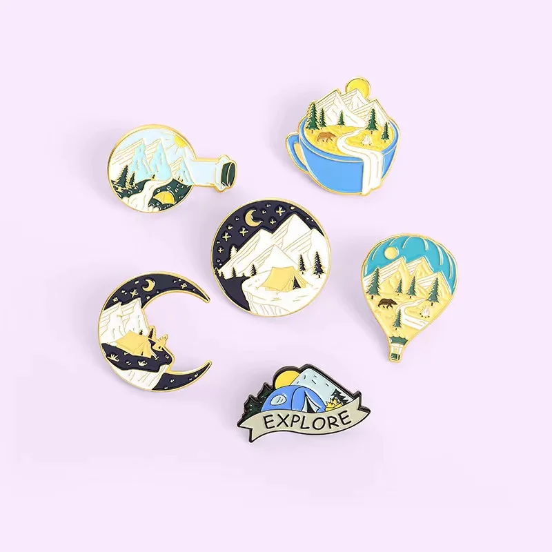 Wholesale Landscape Enamel Pins Moon Hot Air Balloon Shape Mountain River Explore Brooche Backpack Badges Jewely Gift for Friend