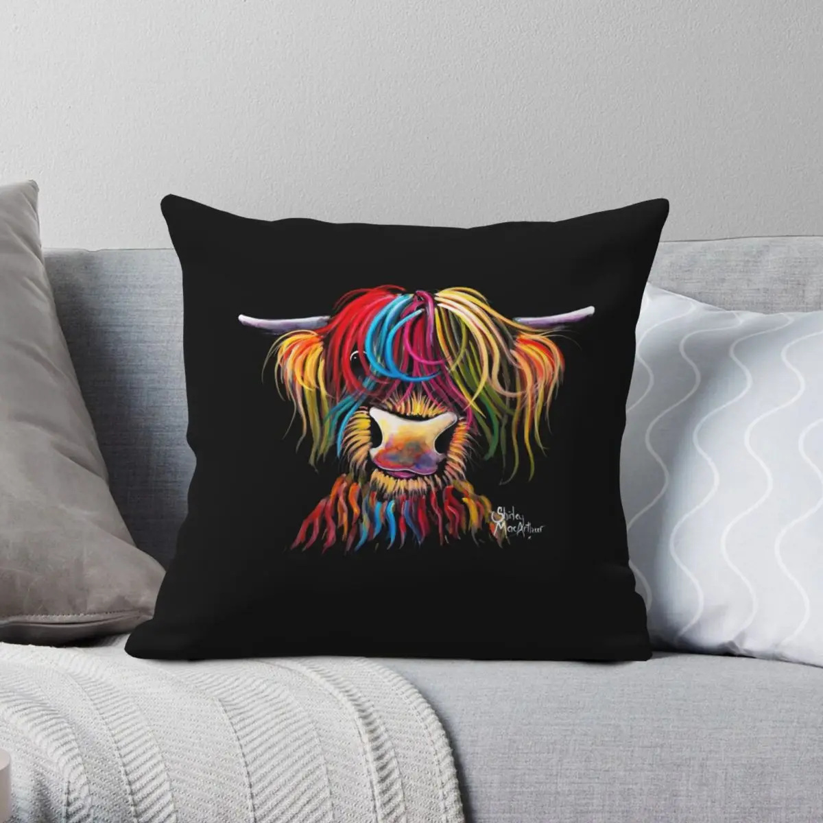 Scottish Hairy Highland Cow NELLY Square Pillowcase Polyester Linen Velvet Zip Decorative Throw Pillow Case Bed Cushion Cover