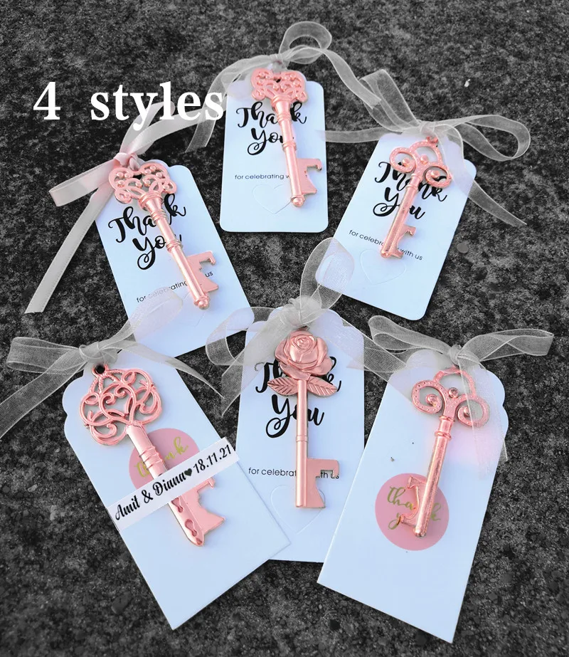 Hochzeitsgeschenke für Gäste Souvenirs Partygeschenke Kupferfarbener Skelettschlüssel Flaschenöffner mit personalisiertem Namensaufkleber – Detail 3