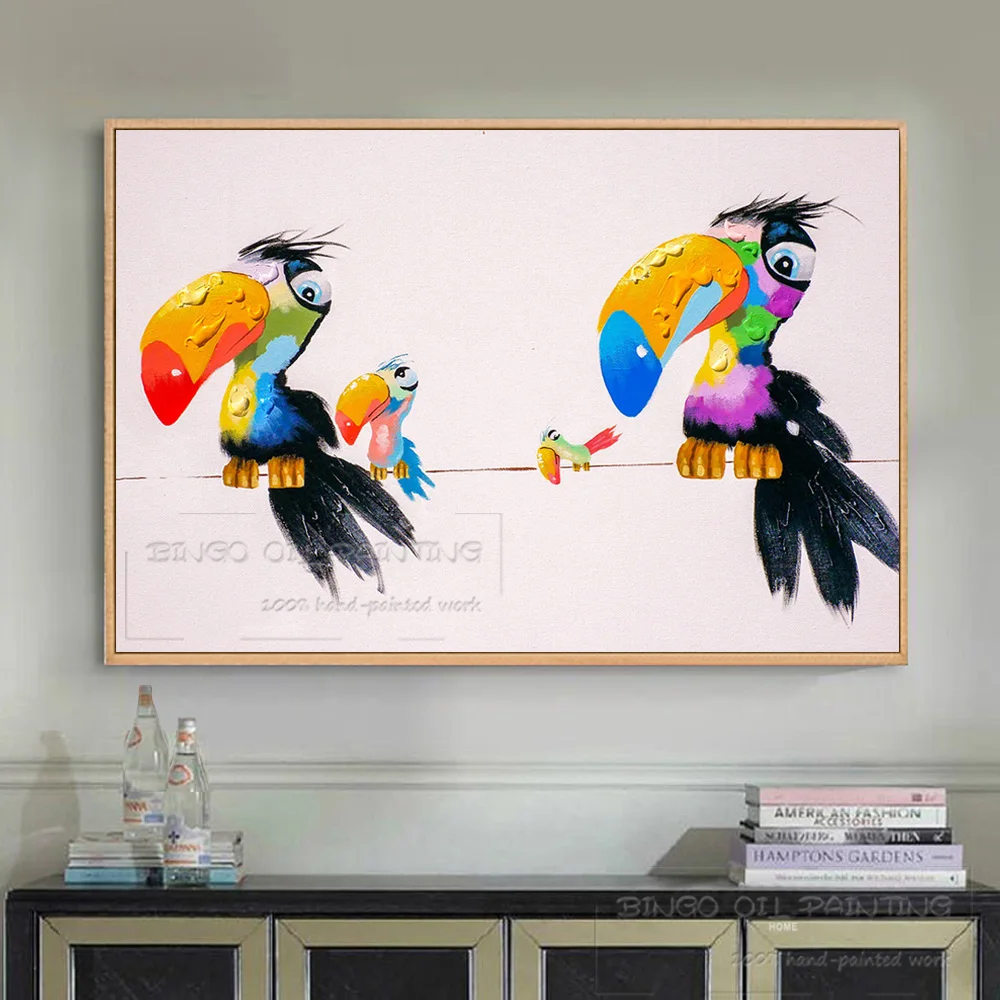 Cheapest Price Hand-painted High Quality Funny Birds Toucan Oil Painting on Canvas Funny Animals Family 4 Toucans Oil Painting