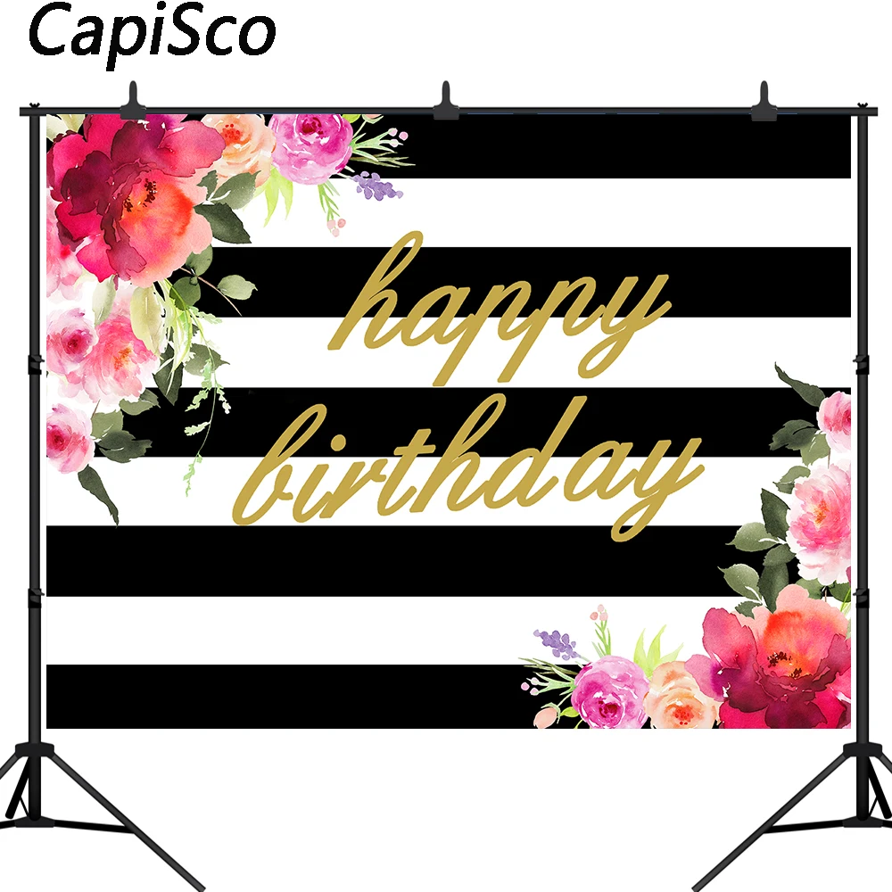 

Capisco Happy Birthday Party Backdrop black White Stripe Photography Background Custom Name Banner photo Backdrops studio prop