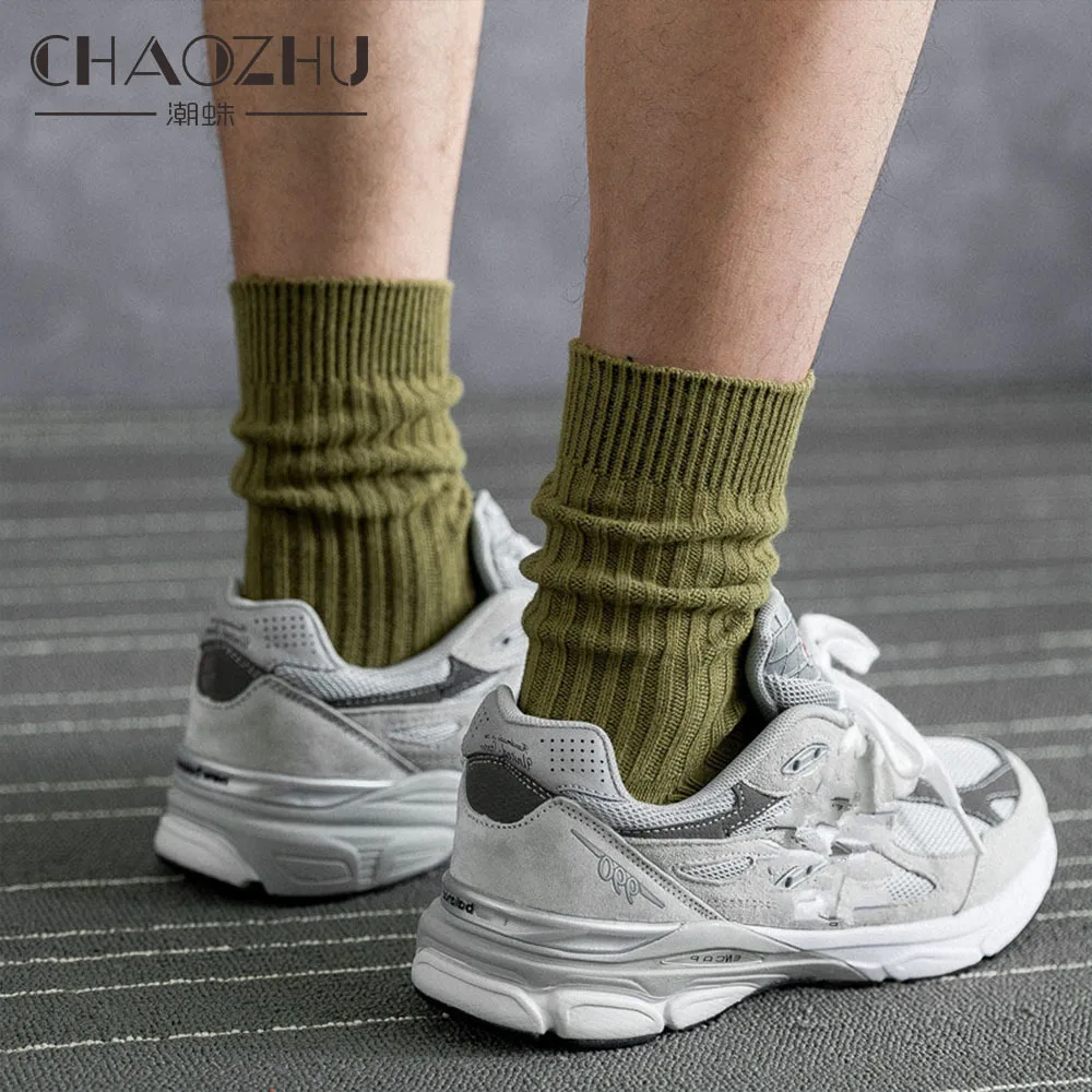 CHAOZHU Male Basic Cotton Casual Rib Stretch Socks Men High Quality Crew Long High Autumn Winter Casual Sox Neon Green Yellow