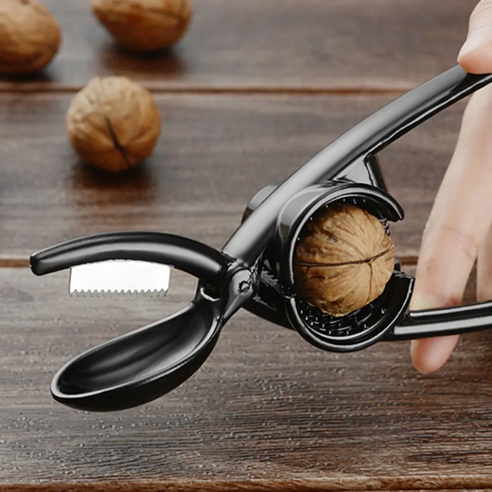 Cracker de cáscara de nueces, alicates para nueces, herramienta de cocina dura, abridor de castañas, tijeras, pelador de nueces negro de acero inoxidable