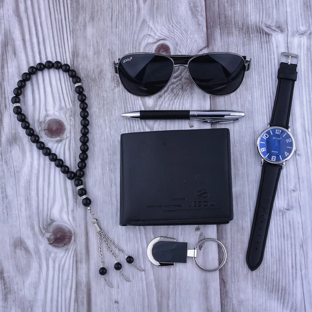 Conjunto de 6 relojes de pulsera para hombre, combinación creativa de reloj de cuarzo, gafas de sol, Rosario, llavero, bolígrafo, regalo de San