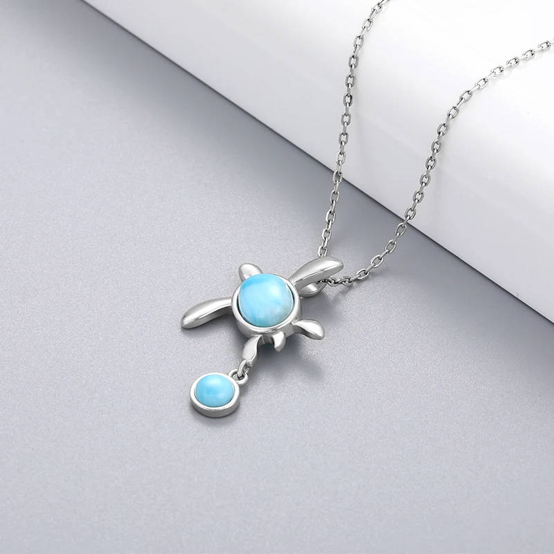 Sea Turtle 925 Sterling Silver Jewelry Gifts Classic Precious Pendant Necklace Natural Larimar Retro Woman Loveliness Charm