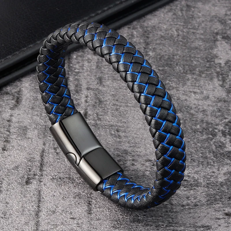 Trendy Red Genuine Leather Bracelet for Men Jewelry Multicolor Stainless Steel Magnetic Clasp Braided Wristband Male Punk Gift