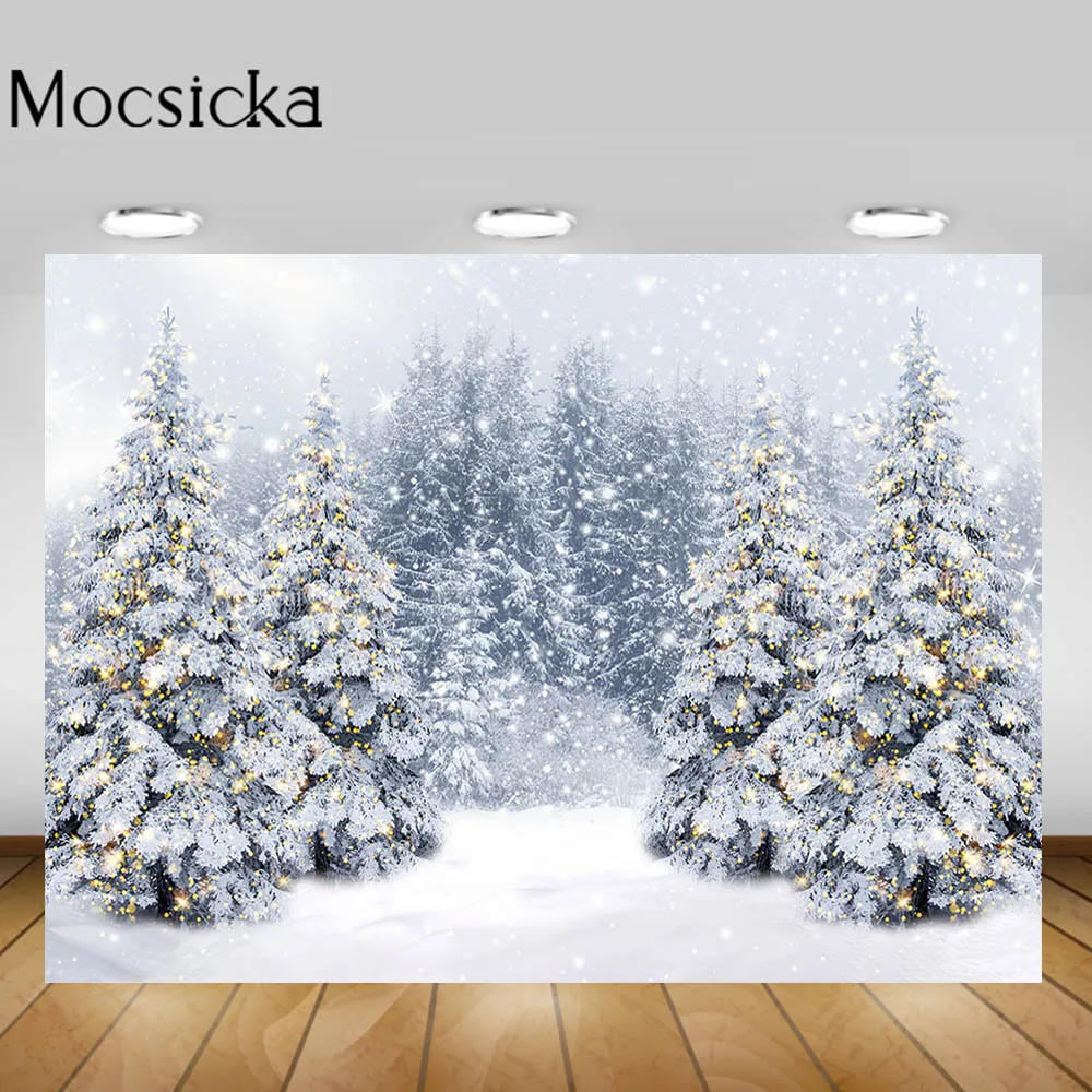 Mocsicka Winter Forest Photography Backdrop Snow Scene Snowfield Pine Tree Snowflake Photo Background for Photo Studio Photocall