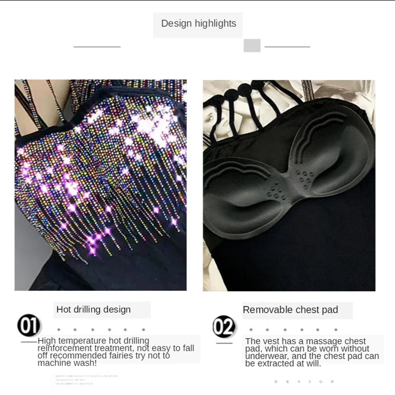 2024 New Creative Shiny Set Auger Vest Women Fashion Trendy with Pad Sling Lady Nightclub Bar Personality Tops Woman Clothing