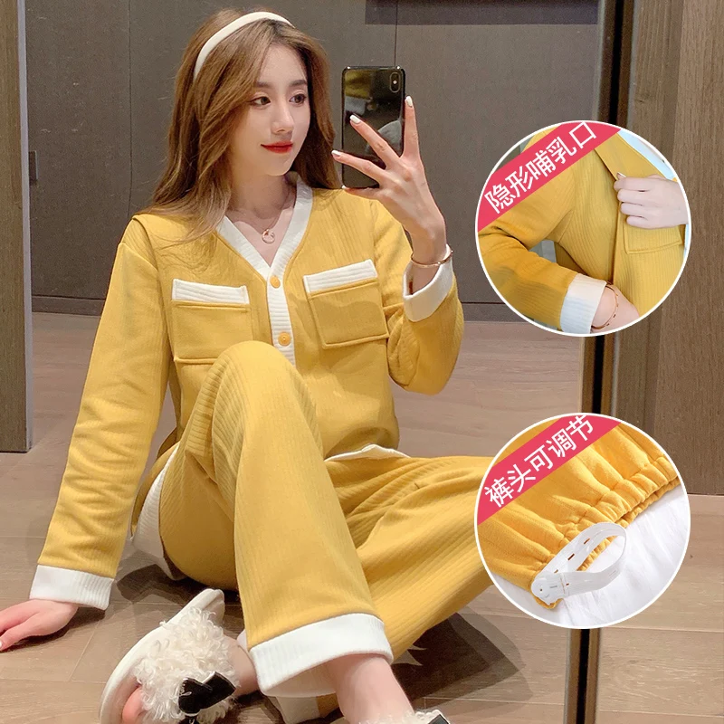 Autumn Winter Cotton Padded Maternity Sleepwear Sets Fashion Chic Pajamas Suits Clothes for Pregnant Women Pregnancy Home Lounge