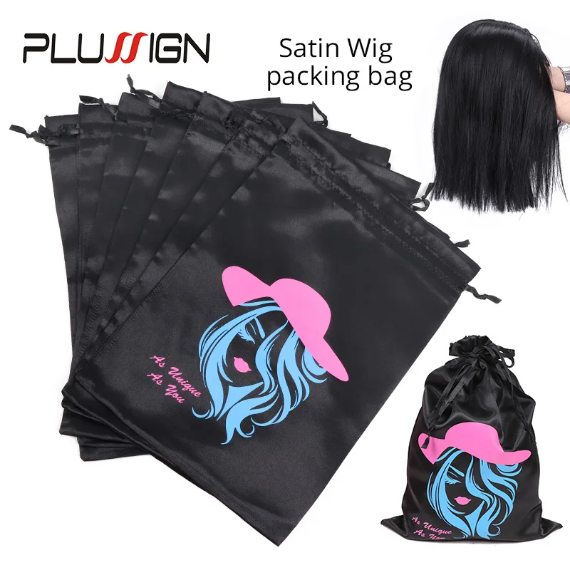 Plussign Satin Bags For Packageing Hair Big 10*14 Inch For Long Hair Extension And Wigs Satin Drawstring Bag 3Pcs Black Color