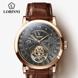 LOBINNI Mens Tourbillon Watches Moonphase Men Automatic Watch Luxury Mechanical Wristwatch Sapphire Power Reserve Leather Strap