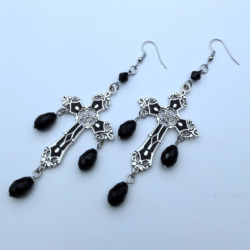 Black Cross Garnet and Crystal Chandelier Earrings Goth Large Trad Gothic Statement Jewelry Rock Gorgeous Fashion Women Gift