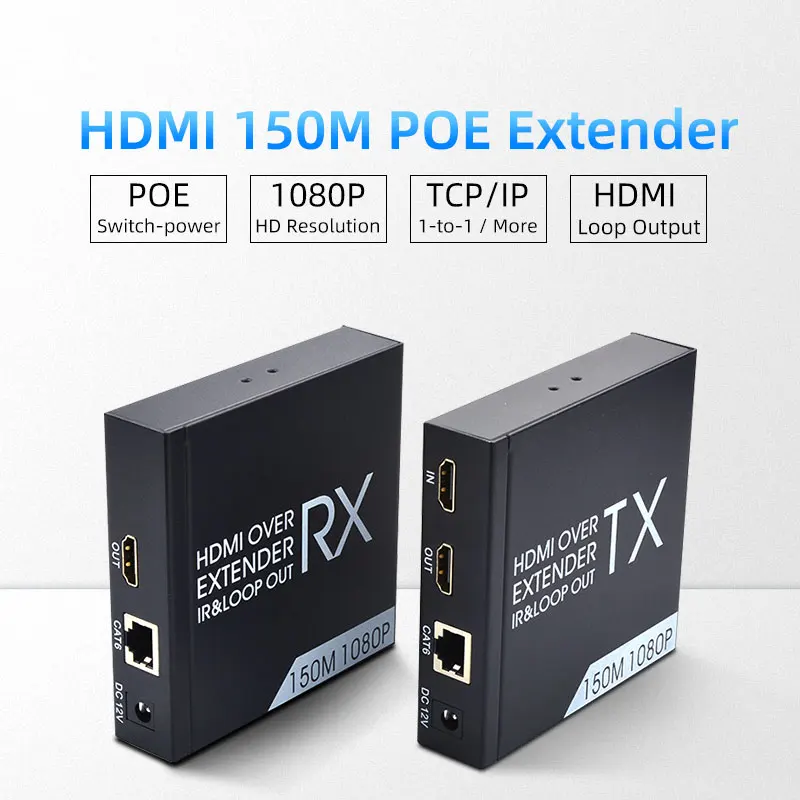 TJTAK POE HDMI Extender 150M 1 to Many or Over Single Cat5e/cat6/cat7 Cable with IR Control FULL HD 1080P HDMI Extender POE